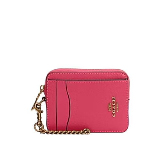 COACH ZIP CARD COIN CASE IN PEBBLED LEATHER BOLD PINK CHAIN STRAP DOGLEASH CLIP - Picture 1 of 4